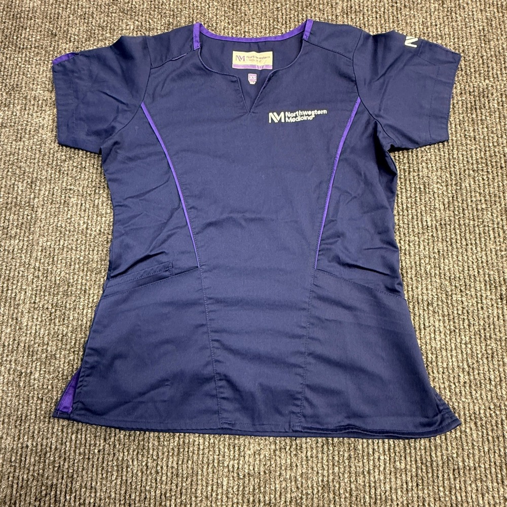 Northwestern Medicine Scrub Top Size XSmall Navy Blue Purple Trim Stretch V-Neck